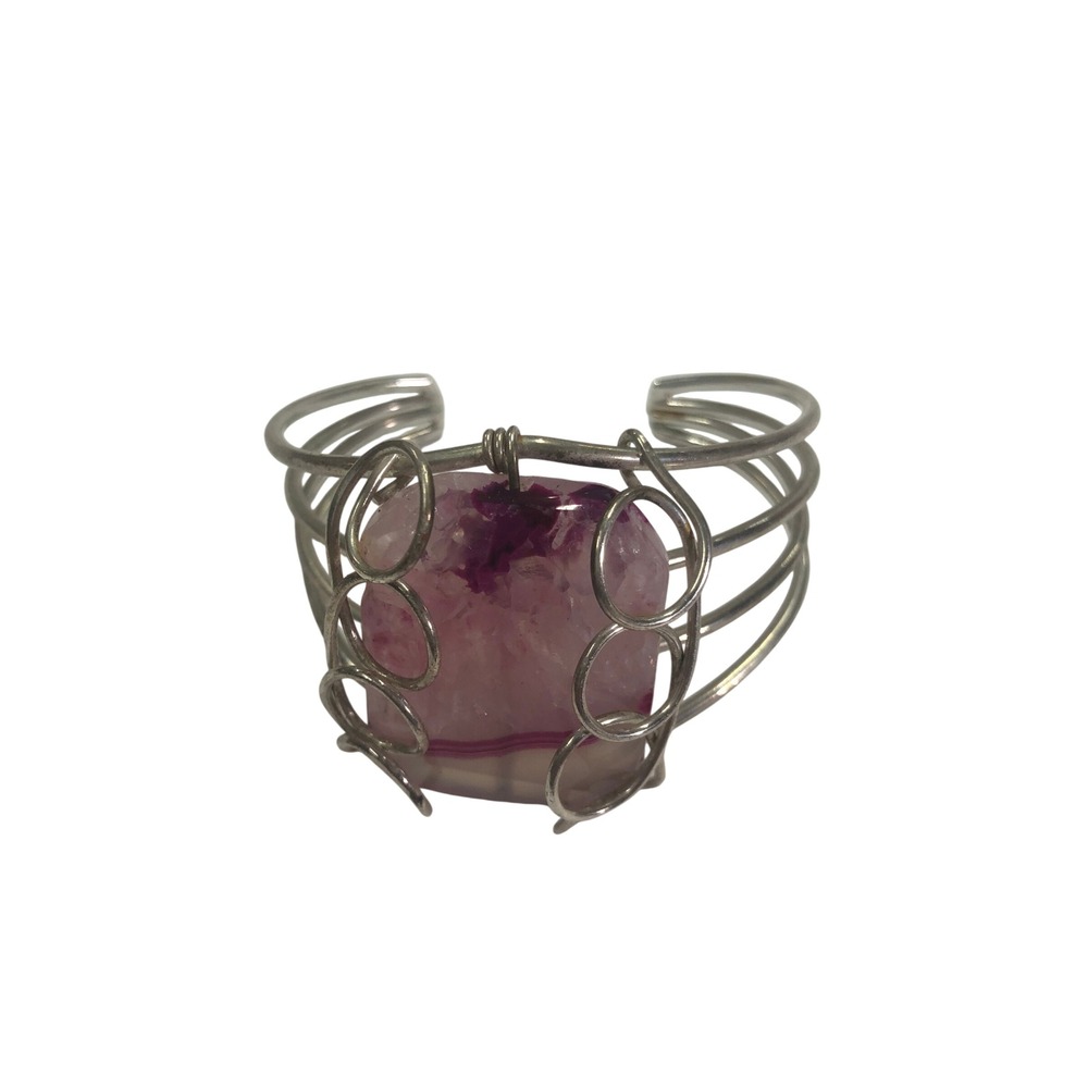 Handmade Pink Agate Wire Wrapped Cuff Bracelet Silver Tone Boho Statement